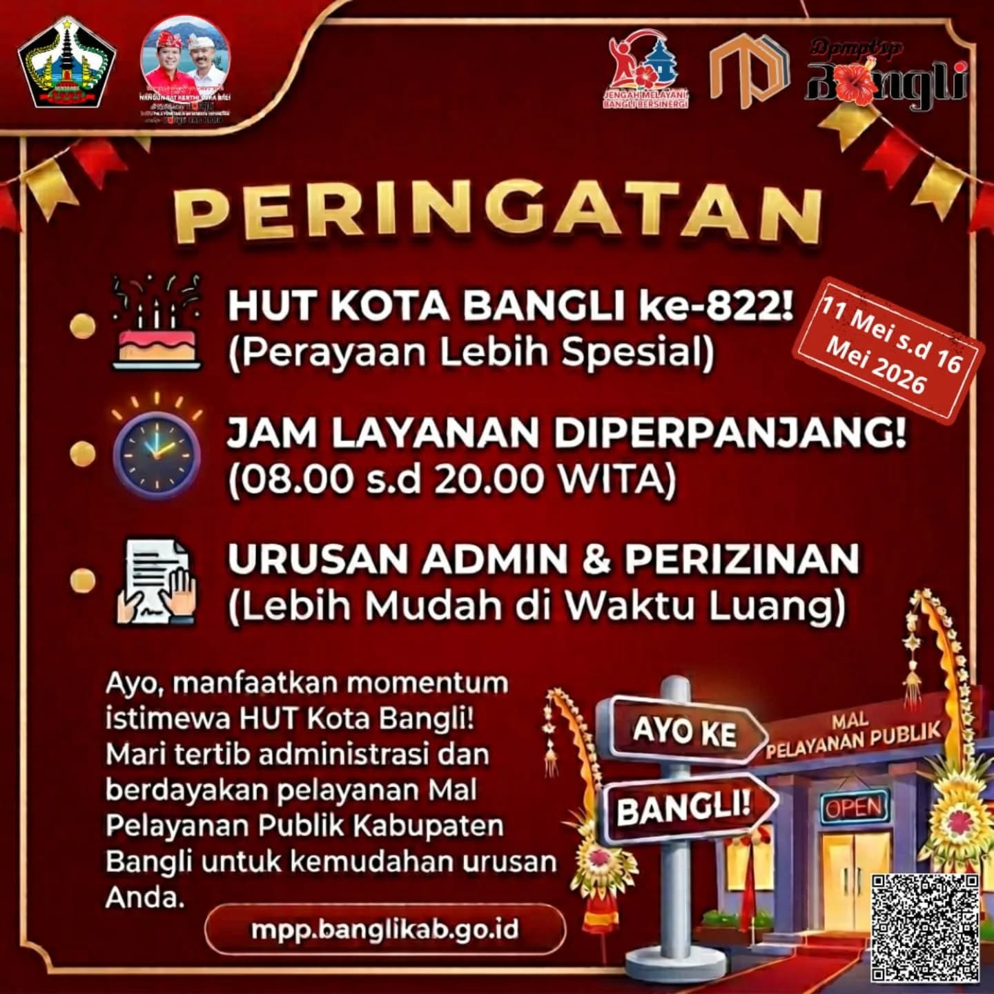 Peringati HUT Kota Bangli ke-822, Jadwal Pelayanan Mal Pelayanan Publik Diperpanjang 